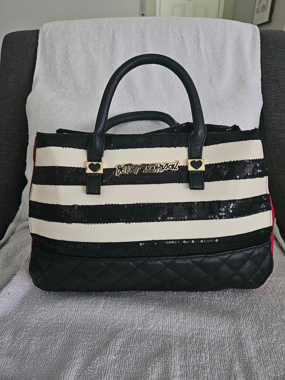 Betsey Johnson Striped Sequin and Leather Tote Bag